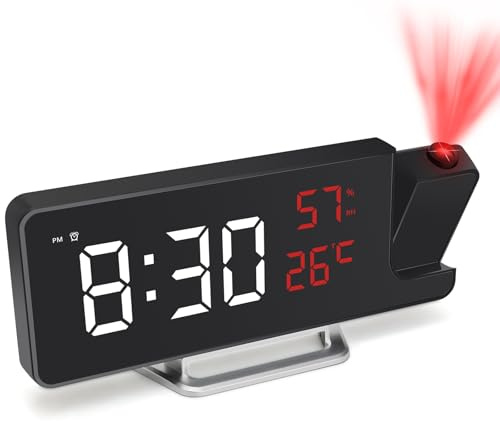 Foyucool Sveglia con Proiettore Alimentata a Corrente, Orologio da Comodino con Backup a Batteria, Proiezione 180° Soffitto Parete, Caricatore USB, Data Temperatura, per Camera da Letto