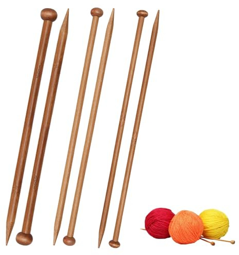 6 PCS Knitting Needles UK 10mm, 8mm, 6mm Bamboo Knitting Needles, Wooden KnittingPins for Beginners, 25cm Long Knitting-Needle Set, Wooden Knitting-Needles for Professional Knitters, Kids, Adults