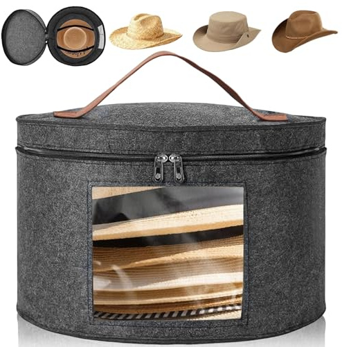 Caja Sombreros Redonda con Tapa & Cremallera & Ventana Transparente, Cajas Almacenamiento Redondas Plegable Fieltro 43x26cm, Caja Sombrerera Asa Cuero Viaje para Hombres, Vaqueros, Gorras(Gris Oscuro)