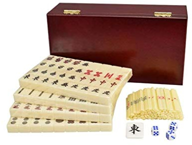 SMSOM Chinesisch Mahjong, Mah Jongg Set - schwarze Fliesen, klassische Schieberarme - rotes hölzernes Mahjong-Fall, 144 Stück Mahjong, Holiday-Geschenke für Familien, Boutique Mahjong (für chinesische