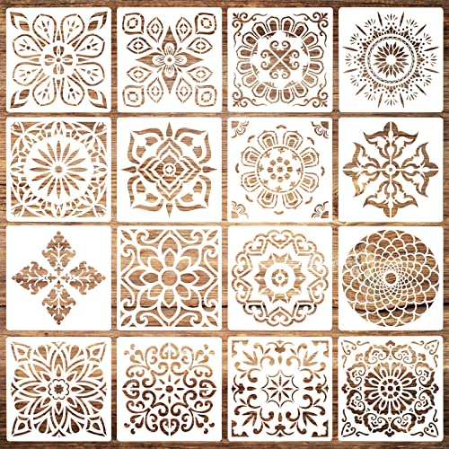 Jinlaili 16 Stück Mandala Schablone Set, Zeichnungs Schablonen Set, wiederverwendbare Schablonen, Kunststoff Zeichnungs Schablonen Set, Malschablonen für Wand, Stein, Holz Möbel, Malen Vorlagen Kinder