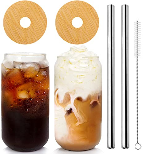 ANOTION Kaffeglaskoppar med lock och sugrör, bambu toppskydd, 59 ml återanvändbara dricksglas, glas för resor kontor hem, iste, kaffe, margaritas, mjuka drycker, juice, cocktail, set med 2
