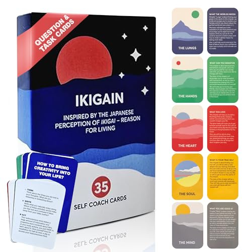 Ikigai Lot de 35 cartes de questions et de tâches inspirées du Japon - Alternative au livre de psychologie - Découvrez le secret d'une vie longue et heureuse