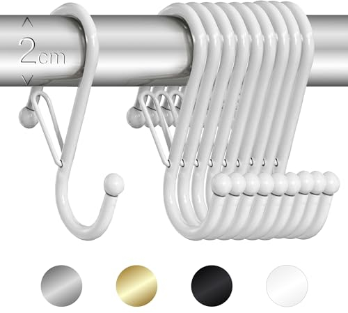 Blau Marité 10 Stück S Haken für Stangen bis 2 cm Durchmesser – S Haken zum Einhängen mit Sicherheitsschnalle – Haken für Kleiderstange & Garderobenstange – S-Haken Metall für Bad & Küche – Weiß