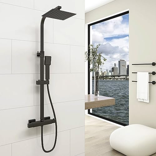 Aica Sanitarios Columna Ducha Termostática 38℃ Negro Mate Barra Ajustable, Alcachofa de Ducha para Baño