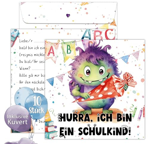 TOBJA 10er Set Einschulung Einladungskarten Inklusive bedruckte Umschläge Süßes Monster Design Einladung Einschulung Junge und Mädchen (Monster)