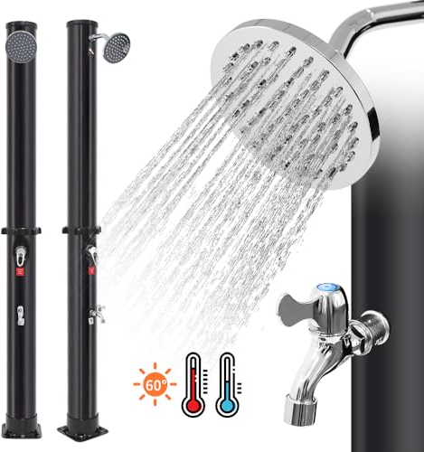 OHMG Douche Solaire,Douche de Jardin Solaire 35L,avec Plastique Plancher,Chauffe Eau Solaire,Pommeau de Douche Réglable,Max 60°C,Douche de Piscine Camping pour Piscine Plage (A-217 * 21 * 21cm（35L）)