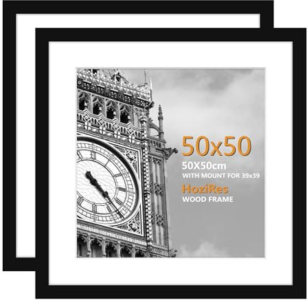 HoziRes 50cm x 50cm Frame Square Picture Frames, Set of 2 Wooden Picture Frame with Plexiglass Front, 50x50 Black Photo Frame for Wall Mounting, 20x20 inch Poster Frames with Mat for 39x39cm Printing