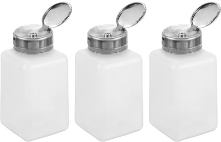 sourcing map 3pcs Solvent Alcohol Dispenser 200ml(6.8oz) Nail Polish Remover Push Down Liquid Dispenser Pump Bottle with Stainless Steel Press Head for Acetone Solution, White
