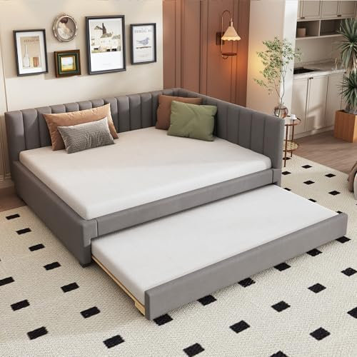 Arhatreya Polsterbett 140x200 cm, Schlafsofa mit Ausziehbett, Gästebett Bettgestell mit Lattenrost, Kinderbett Jugendbett für Wohnzimmer Schlafzimmer (Ohne Matratze) Samtstoff Grau