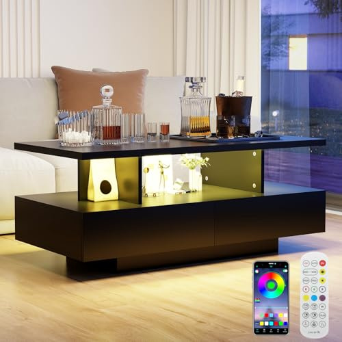 YU YUSING Tavolino da Caffè con LED 2 Cassetti, 2 Ripiani Portaoggetti, 60000 Colori di Luce Regolabili, Telecomando, Controllo APP, Modalità Musica, Moderno, Nero, 105 x 50 cm
