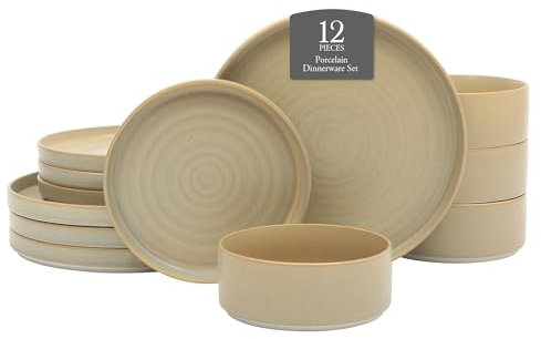 Gibson Elite Echo Bay 12 Piece Porcelain Reactive Glaze (Service for 4) Ceramic Plates and Bowls Modern Stackable Dinnerware Set - Green