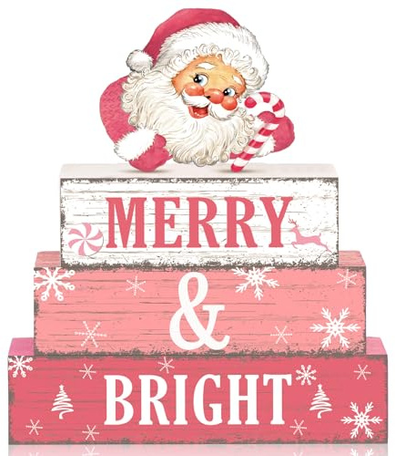 Geelin 4 Pcs Christmas Wooden Tabletop Decor Pink Winter Santa Tiered Tray Decor Christmas Centerpiece Rustic Decorative Block Signs Gift Farmhouse Table Decoration for Home Kitchen