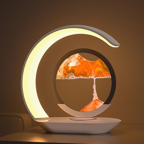 Lámpara de escritorio de arte de arena en movimiento con cargador inalámbrico, luz nocturna del paisaje de arena de Lumaflow, diseño de reloj de arena giratoria de 360 ​​°, estación de carga rápida
