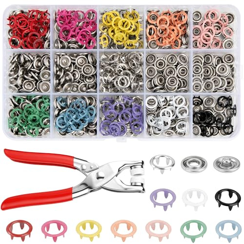 Set di 200 Bottoni Automatici con Pinze, Bottoni a Pressione Metallo da 9,5 mm, senza cucito, Accessori per Cucito Fai da Te, Bambini da Vestiti, Artigianato, Abbigliamento Borse