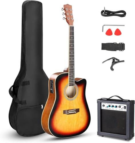 LALAHO Full-Size Electro Acoustic Guitar with 10W Amp for Beginners, Sunset