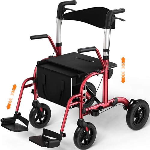 Rollator con seduta 2-in-1, Rollator 4 ruote & Sedia da trasporto, Portata 136 kg, Ruote TPU 8 anteriori & 10 posteriori, Doppio freno, Pieghevole, Altezza regolabile, Borsa portaoggetti – Rosso