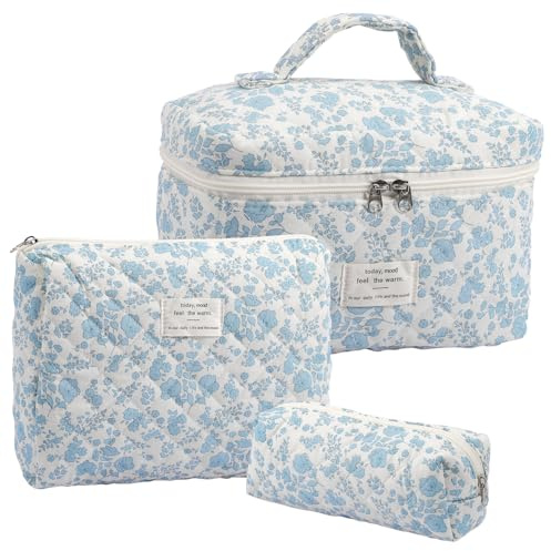 Set da 3 pezzi Borsa da Toilette Trapuntata, Beauty Case da Viaggio, Make Up Bag – Perfetto per Viaggi Brevi, Uso Quotidiano, Palestra o per Trasportare Cosmetici e Prodotti Cura (Fiori Blu)