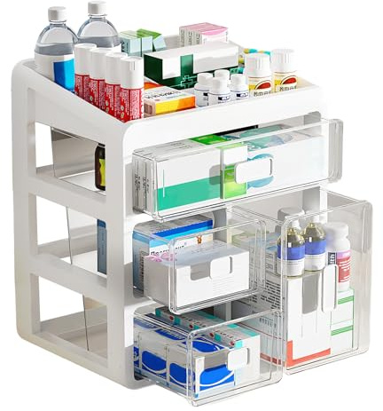 Ruiqas Stapelbare 4-stöckige Medizinbox, 4 Regal Hausapotheke Box Medizinkoffer Erste Hilfe Kasten, Medikamenten Aufbewahrung für Home Office Dorm (4 Etagen weiß)