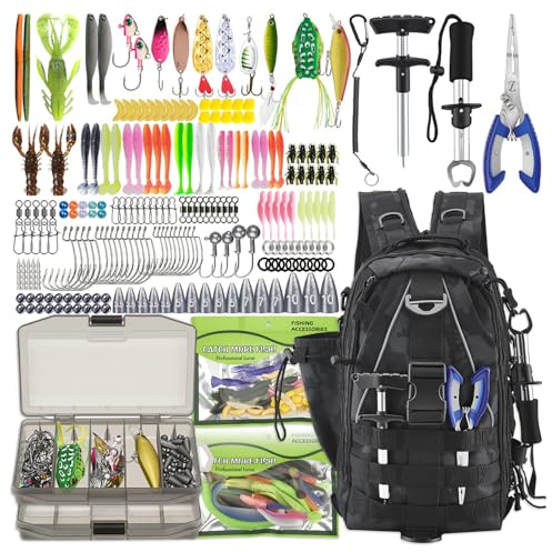 Delousiber Fishing Backpack with Tackle Boxes, 208Pcs Fishing Lures Kit with Baits, Pliers, Lip Clip, Hooks, Hook Remover, Accessories, Waterproof Fishing Gear Bag Gifts for Men Trout Bass Freshwater