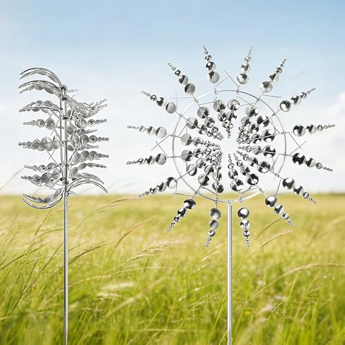Girandola Cinetica, HOVCEH Upgraded Rust-Proof Mulino a Vento Cinetico, 3D 360° Doppio Rotors Kinetic Girandola a Vento in Metallo per Patio Prato e Giardino (Argento)
