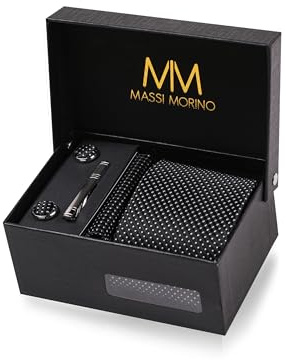 Massi Morino Krawatte Schwarz Gepunktet mit Einstecktuch Set Herren inkl. Manschettenknöpfe, Krawattennadel und Geschenkbox | Männer Krawattenset zur Hochzeit