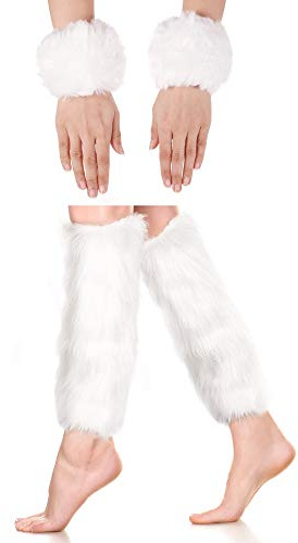 SATINIOR 2 Pairs Faux Fur Cuffs Furry Long Leg Warmer Wrist Boot Cuff(white)