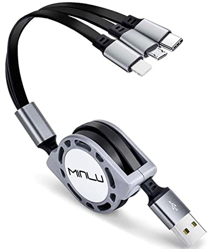 Minlu Multiladdningskabel, Utdragbar Multiladdningskabel 3 i 1 Snabbladdning [3A 1,2M] USB-Laddningskabel med IP/Typ-C/Micro USB för telefon 16 15 14 13 12 11/Galaxy/Pixel/Sony/Surfplatta
