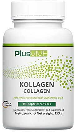 PlusVive Kollagen Komplex Kapseln hochdosiert I 1x 180 Kapseln I 1000mg Kollagen & 150mg Hyaluronsäure pro Tagesdosis I Kollagen Kapseln mit Biotin, Zink & Vitamin C I vegan & laborgeprüft