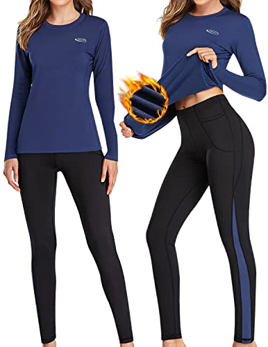 AMGUTEN Thermounterwäsche Damen Winter Skiunterwäsche Set Ski Thermo Unterwäsche Funktionsunterwäsche Motorrad Warme Thermowäsche Atmungsaktiv Funktionswäsche für zu Hause Wintersport Dunkelblau XL