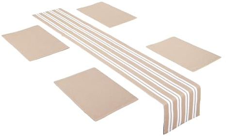 Encasa XO Camino de Mesa y Juego de Manteles Individuales 4 | Algodón de Costura Fina | Franca Beige | 1 Camino de Mesa de 32x150 cm y Cada Mantel Individual de 48x32 cm