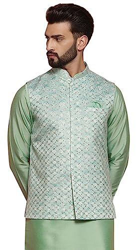 KISAH Giacca da uomo in cotone stampato multicolore Nehru - Gilet tradizionale indiano per matrimoni e occasioni festive, Acqua, L