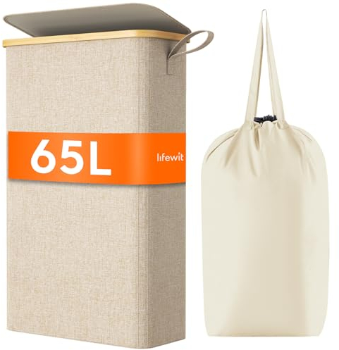 Lifewit Cesto Portabiancheria Salvaspazio 65L, Cesta Biancheria Sporca con Coperchio, Porta Biancheria Sporca Slim per Bagno, Laundry Basket per Camera da Letto, Bagno, Lavanderia, Beige