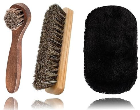 Horse Hair Brush Set - 2pcs High Shine Polishing Buffing Brushes, 1pcs Shoe Polish Cloth Glove, Cleaning Brushes for Boots, Shoes, Car Seats, Sofas, Bags