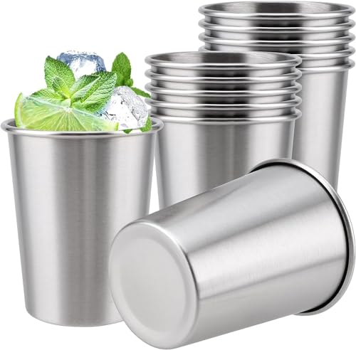 SOMLAW Vasos de Acero Inoxidable 260ML, 12 Piezas Copas de Acero Inoxidable Premium, Vasos de Cerveza de Metal, Vaso de Agua Apilable para Viajes, Exteriores y Camping