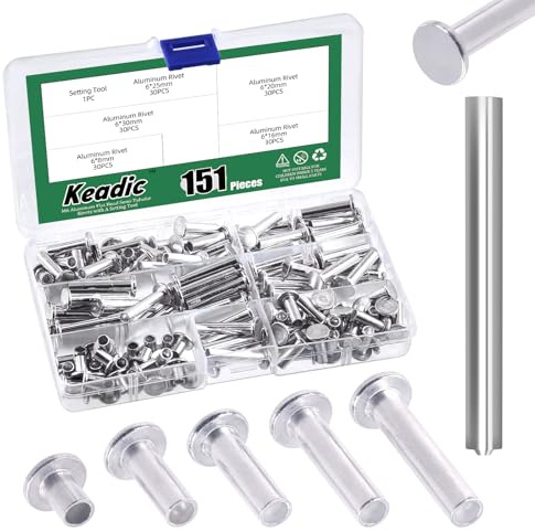 Keadic 151Pcs M6 Aluminum Flat Head Semi-Tubular Rivets Assortment Set, M6 x 8/16/20/25/30mm Silver Tone Metal Stud Fasteners for Leather Household Automobile Industry