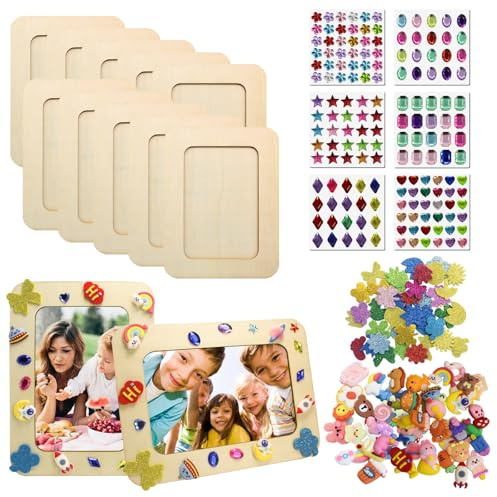 MoguGo 10 Stück Bilderrahmen Holz Set,Holzbilderrahmen mit Glitzersteine Selbstklebend Moosgummi Sticker 3D Aufkleber DIY Bilderrahmen zum Bemale für Jubiläen Geburtstage Muttertag
