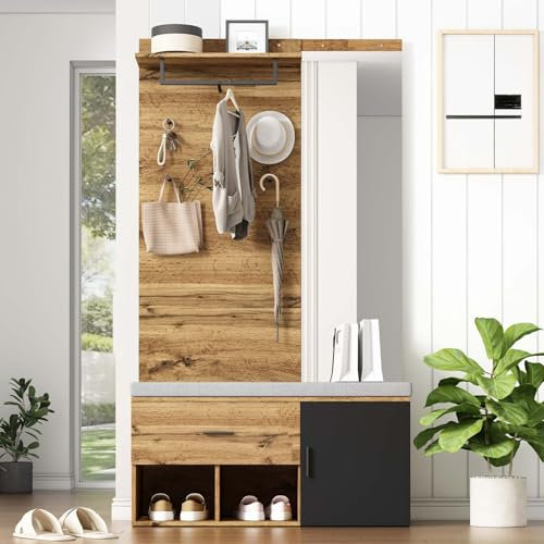 YEHTOKHOME Vestiaire d'entrée avec Banc Chaussures Meuble d'entrée avec Miroir et tiroirs, Porte Manteau avec Crochets et étagères Meuble de Couloir Moderne (C- 104 x 39 x 190 cm)