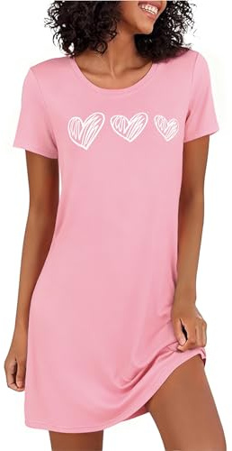 Marvmys Womens Short Sleeved Cotton Blend Jersey Nightshirts Nighties for Women Cotton Nightdress Sleep Tee Heart Print Designs Nightwear Soft Sleepwear Loungewear Pink M