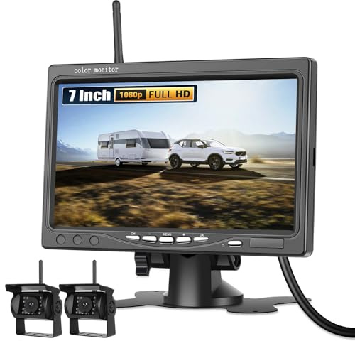 GOHHDL Cámara de Marcha atrás Inalámbrica con 2 Cámaras Traseras Divididas, Impermeable 1080P HD IP68 Visión Nocturna +Grabación de Vídeo para Camiones, para camión Remolque Autocaravana RV