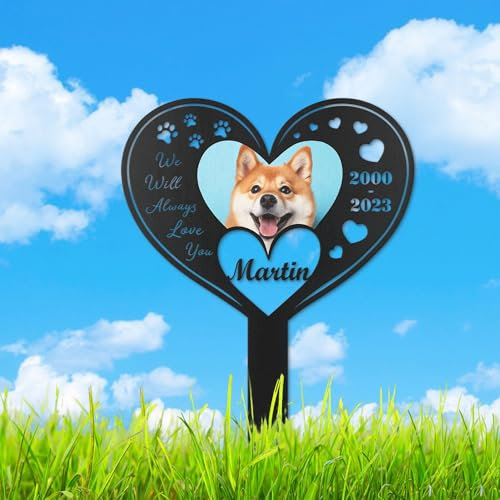 KGYMOT Piquet commémoratif en forme de cœur pour animal de compagnie avec photo personnalisée - Piquet funéraire en métal pour animal de compagnie avec photo