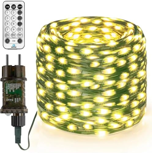 Gresonic 10 m, 100 LED-ljusslinga, utomhus med kontakt, 12 lägen, timer IP44, vattentät ljusgardin för utomhusbruk, inomhus, trädgård, balkong, utomhus, varmvit fjärrkontroll (grön PVC-kabel, varmvit