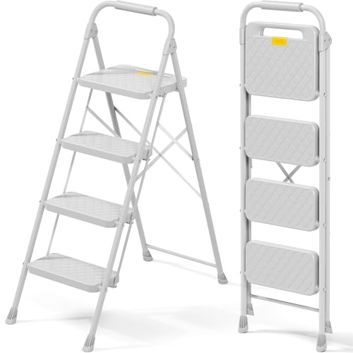 KINGRACK Escabeau à 4 marches Pliable en Acier Gris Clair, Rampe, verrou sécurité, Charge 150 KG, léger pour Maison Cuisine Garage Bureau