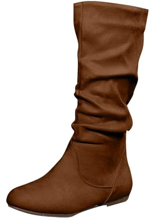 Women Knee High Boots Suede Pleated Flats Boots Suede Slouchy Slip On Zip Up Flat Bottom Medium Boot Thigh High Wide Calf Long Boot Winter Shoes Cowgirl Booties Work Flats Winter Shoes