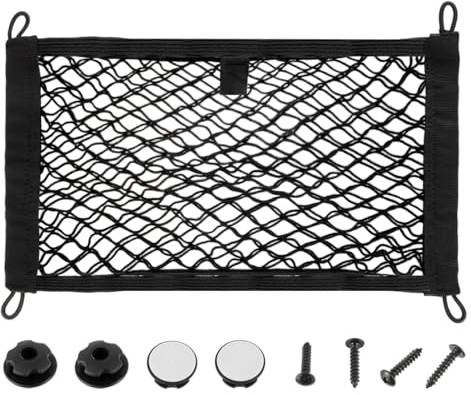 JAMHER 45x25cm Universal Mesh Cargo Net Elastic String Net Mesh Net Pouch Double Layer Cargo Net with Screws & Hooks for Trunk RV Boats Home Cargo Storage – keeps items Organized(1 Pack)