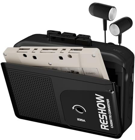 Reshow Lettore di cassette portatile, microfono e altoparlante integrati, convertitore da cassetta USB a MP3, registrazione inversa su nastro, registratore a cassette bianco con cuffie