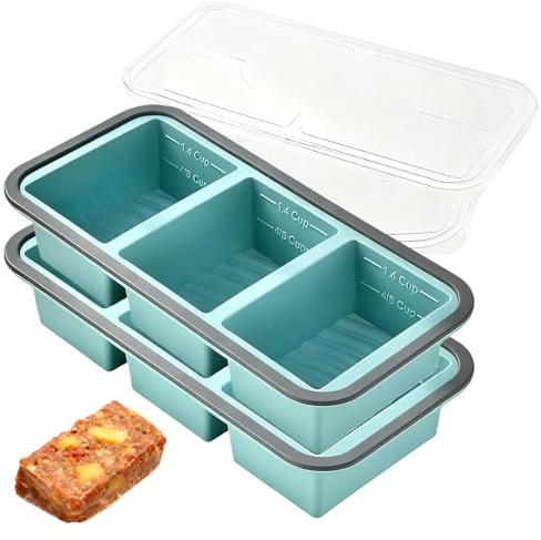 GOMETY 2 contenitori per zuppe, congelamento, in silicone, 3 griglie con coperchio, grandi contenitori per il congelatore, per zuppa, brodo, salsa, cubetti di ghiaccio (blu)