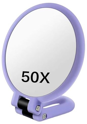 Wilafury 50 x förstoringsspegel, dubbelsidig förstoringsspegel med 360-graders justerbart handtag handhållen väggmontering bordsdesign för smink (lila)