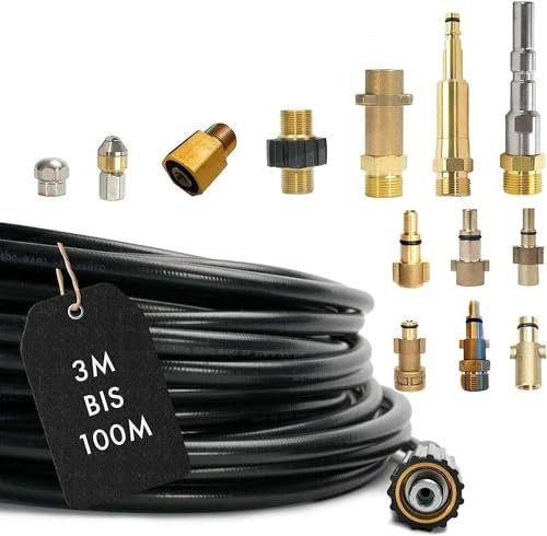 Rohrreinigungsschlauch 14-Teilig für Kärcher Kränzle NILFISK ALTO WAP HD HDS Parkside Black & Decker Bosch Lavor KEW Kinzo 1/8 AG M22 x 1,5 IG Bajonett KEW Düsen Quick Connect EASY!Lock (25)