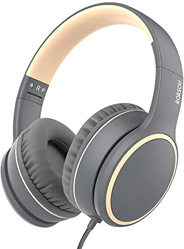 RORSOU Auriculares R10 de Diadema con micrófono, Auriculares estéreo con Graves Ligeros y Plegables, equipados con un Cable de 1,5 Metros sin enredos, y Auriculares cableados portátiles Gris